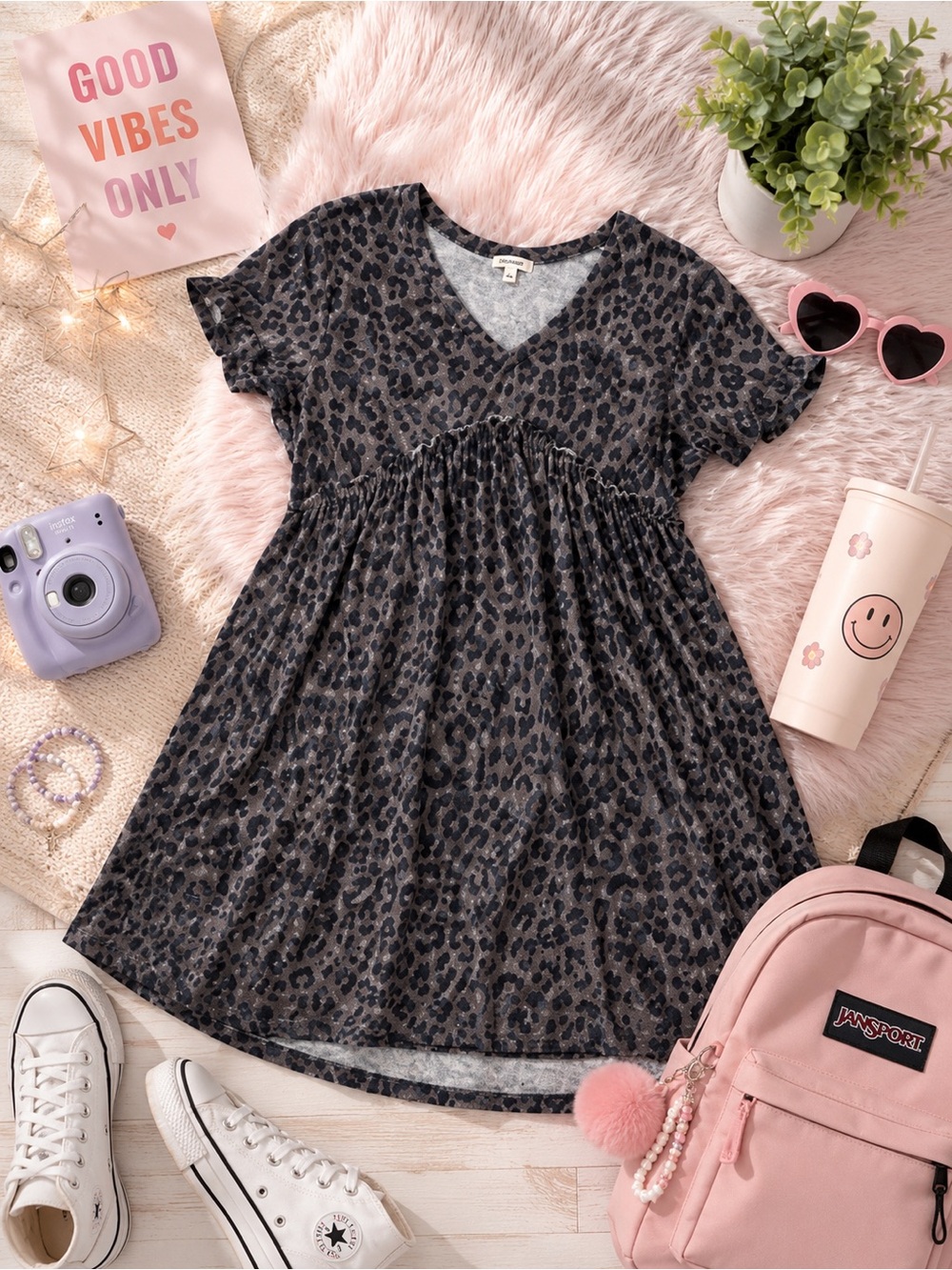 lovestitch Gray Leopard Print V-Neck Casual Dress